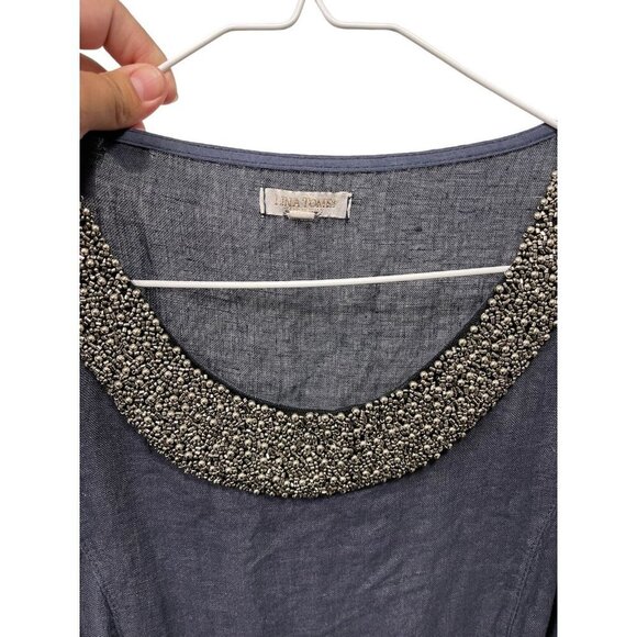 Lina Tomei Linen Shift Dress Women's Size Medium Beaded Neckline Made In Italy - Picture 6 of 8